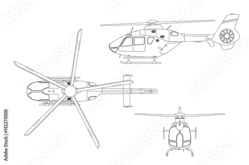 Outline drawing of helicopter on white background. Top, side, front view. Technical blueprint