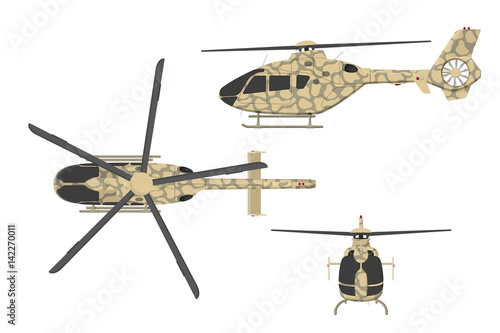 Military helicopter in flat style on white background. Top, side, front view. Army air vehicle