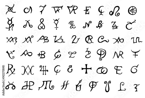 A set of alchemical symbols isolated on white. Hand drawn elements for design. Mystical, esoteric, occult theme.