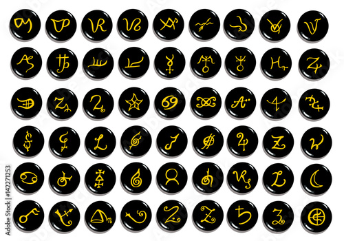A set of  golden alchemical symbols carved on stone isolated on white. Hand drawn elements for design. Mystical, esoteric, occult theme.