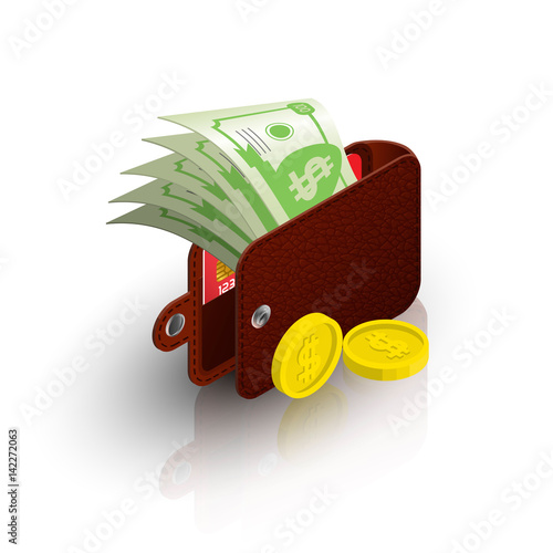 An open purse with sticking dolar bills and coins lying nearby