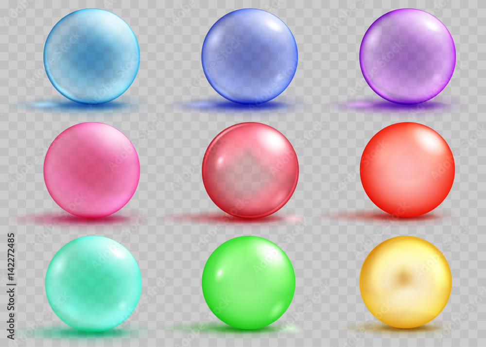 Set of transparent and opaque colored spheres with shadows. Transparency only in vector file