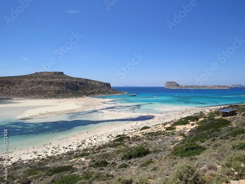 Crystal clear water, sand bars, rocks and islands. Balos Bay, Crete, Greece, Mediterranean