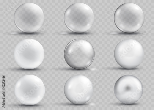 Fototapeta Naklejka Na Ścianę i Meble -  Set of transparent and opaque gray spheres with shadows. Transparency only in vector file
