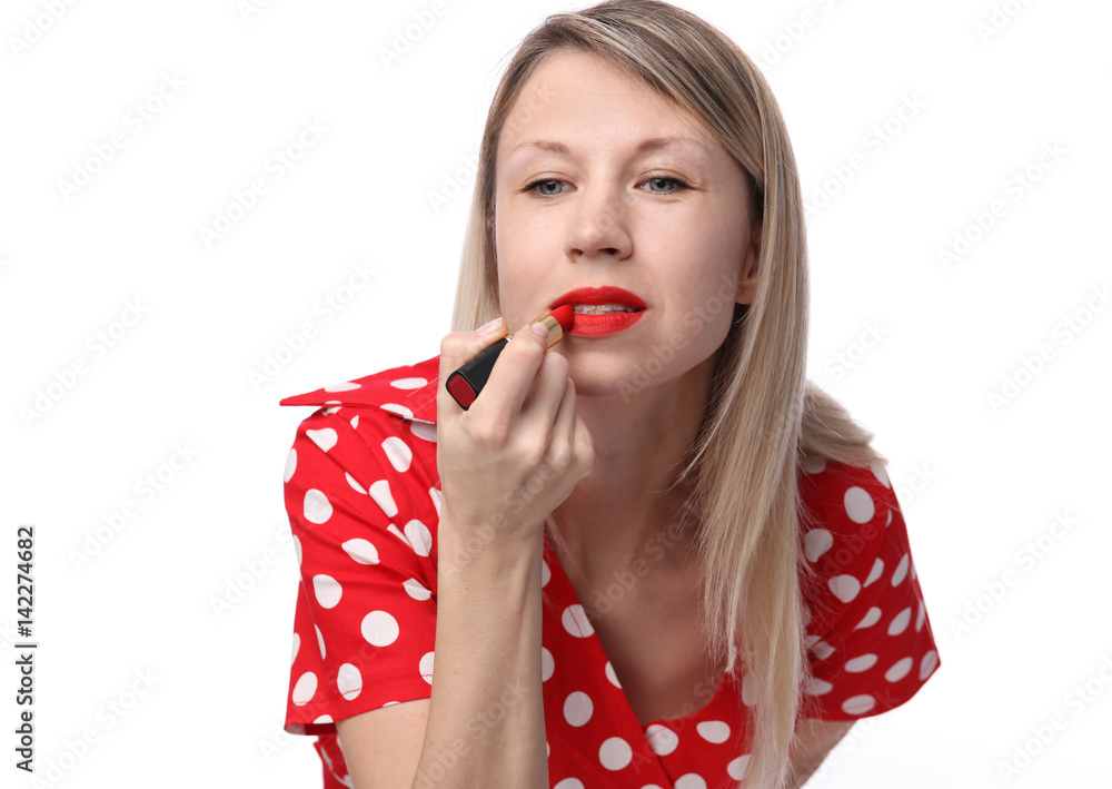 Woman Applying Red Lipstick Looking At Mirror Isolated On White Background Makeup And Cosmetics