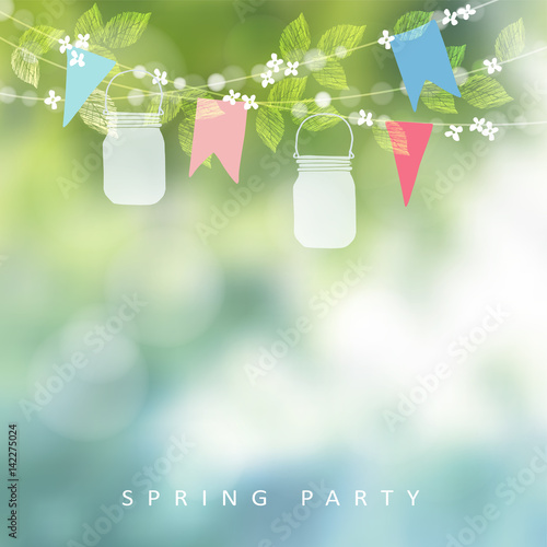 Birthday garden party or festa junina greeting card, invitation. String of lights, paper flags and mason jar lanterns. Blurred vector background, banner.
