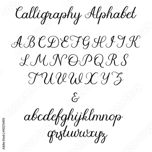 Calligraphic alphabet. Handwritten brush font. Uppercase, lowercase, ampersand. Wedding calligraphy