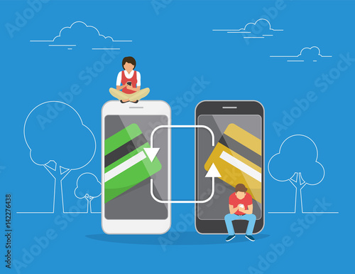 Mobile banking and money transfering concept illustration of people using mobile app for money transfering to each other and online banking. Flat men and women sitting on smartphones with credit cards