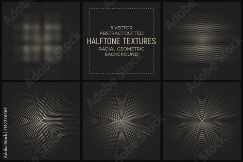 Set of 5 Vector Abstract Dotted Halftone Textures. Pale Radial Geometric Structure Background