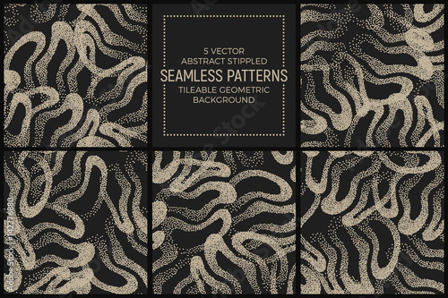 Set of 5 Vector Abstract Stippled Seamless Patterns. Handmade Tileable Geometric Dotted Grunge Background