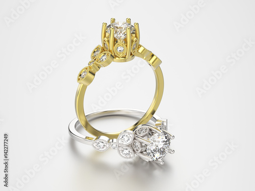 3D illustration two gold and silver rings with diamonds