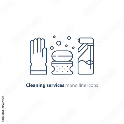 Sanitation objects set, cleaning equipment items and services, line icons