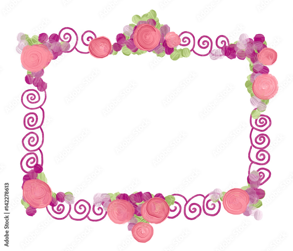 Hand drawn colorful bright pink spring flower frame for greeting card on the white background, isolated illustration painted by oil color, high quality Hand drawn colorful bright pink spring flower frame for greeting card on the white background, isolated illustration painted by oil color, high quality