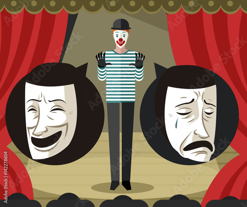 mime clown talking about theater comedy and drama masks