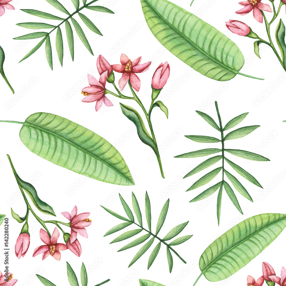 Seamless Pattern of Watercolor Exotic Leaves and Red Flowers