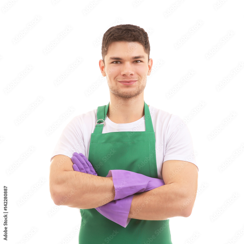 Young service man on white background Young service man on white background