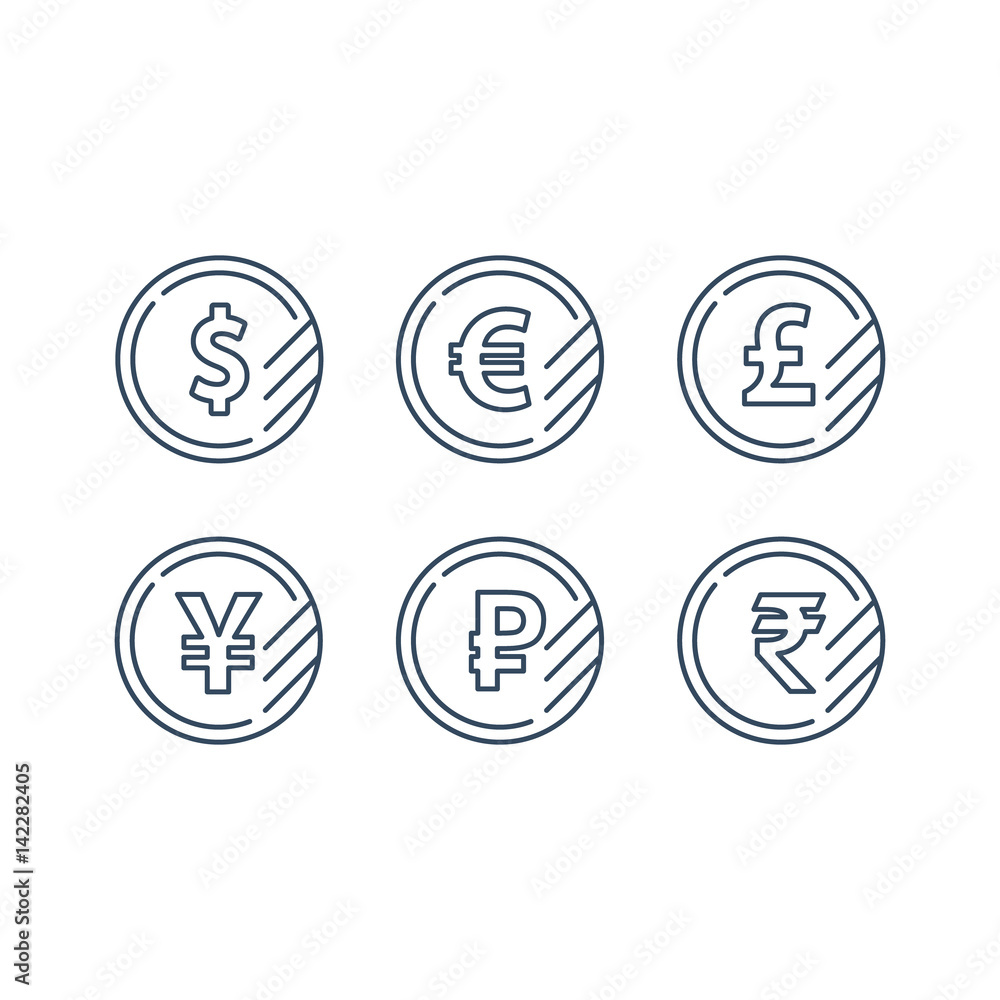 Dollar sign, euro symbol, pound icon, ruble coin, financial currency exchange Dollar sign, euro symbol, pound icon, ruble coin, financial currency exchange