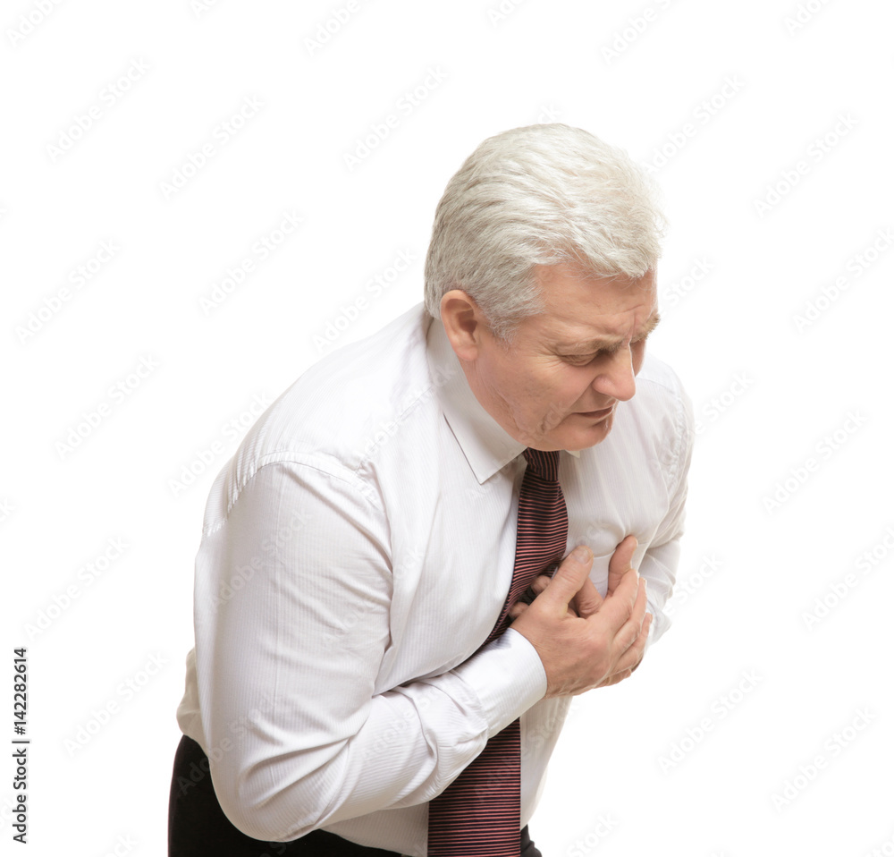 Man with chest pain suffering from heart attack on white background Man with chest pain suffering from heart attack on white background