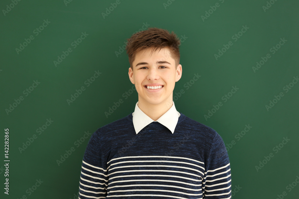 Smiling schoolboy standing on blackboard background Smiling schoolboy standing on blackboard background