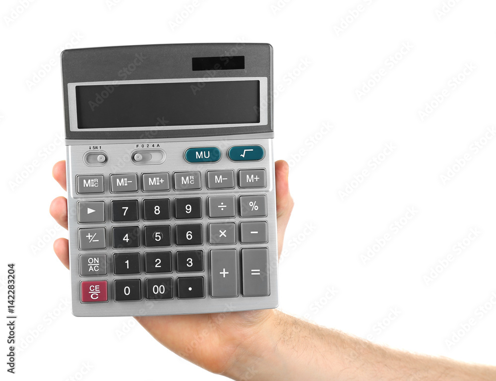 Male hand holding calculator on white background Male hand holding calculator on white background