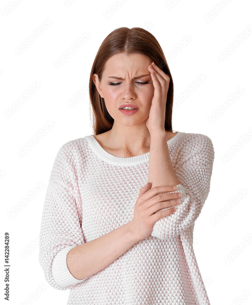 Beautiful young woman suffering from headache on white background Beautiful young woman suffering from headache on white background