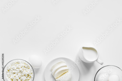 dairy products for proteic meal on white background top view mock up