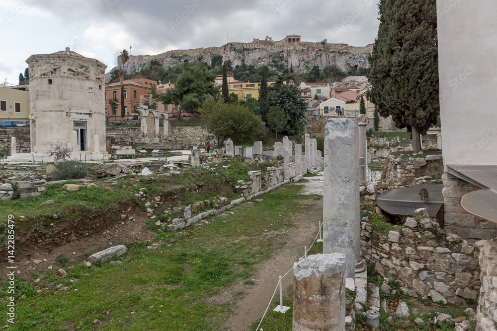 Sunset view of Roman Agora in Athens, Attica, Greece