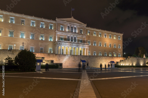 Night photo of The Greek parliament in Athens, Attica, Greece