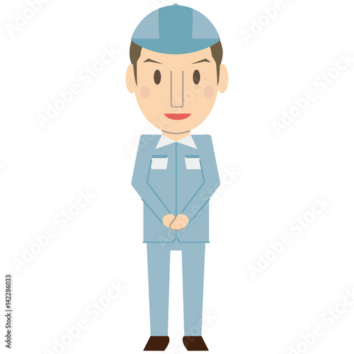 かわいい若い短髪作業員　さわやか　ブルーの制服　お出迎え