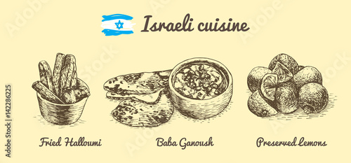 Israeli menu monochrome illustration.