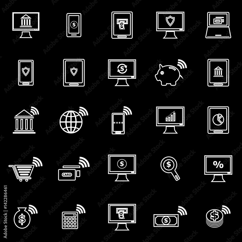 Online banking line icons on black background