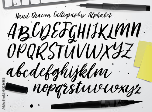 Calligraphic vector script font. Handwritten brush style modern calligraphy cursive typeface. Hand Lettering and Typography alphabet for Designs: Logos, Packaging Design, Poster. Typographic set.