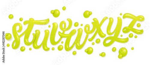 Font set with letters. Alphabet made of fresh lime juices isolated on white. Liquid letters. Vector illustration made of water.