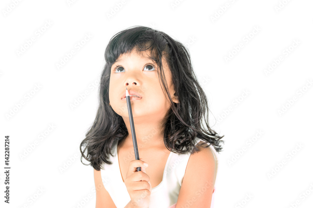 Closeup portrait of a asian girl thinking isolated on white background. Closeup portrait of a asian girl thinking isolated on white background.