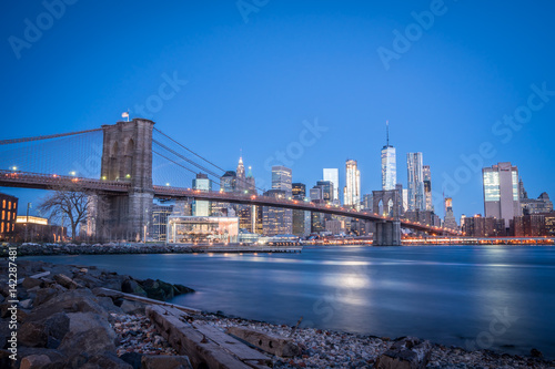 Brooklyn Bridge with Manhattan Skyline at dusk