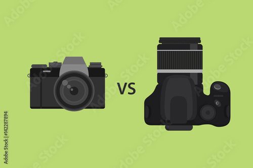 comparing Mirrorless camera vs DSLR camera picture illustration with black color and green background