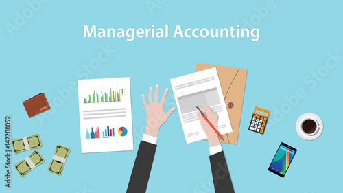 managerial accounting illustration with a man signing paperworks and folder document, money and calculator on top of table photo