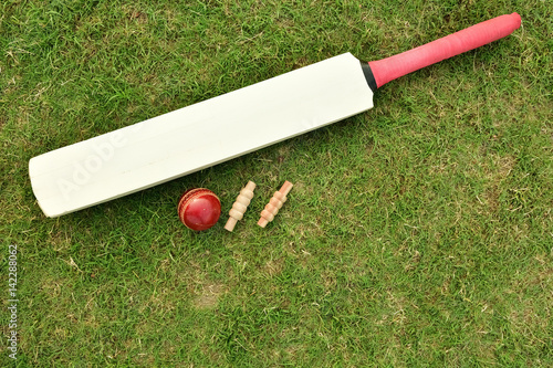 Cricket bat, ball and bails on cricket pitch photo