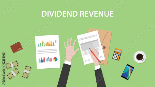 dividend revenue illustration with a man signing paperworks and folder document, money and calculator on top of table