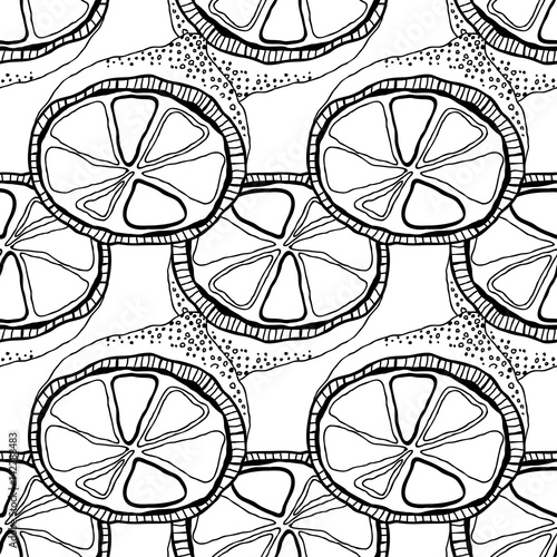 Black and white fruit seamless pattern with lemons for coloring books  pages.