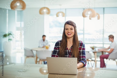 Portrait of female business executive using laptop