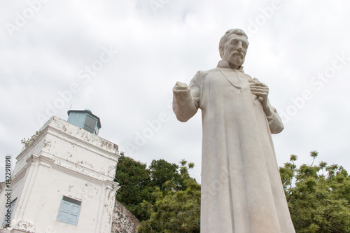 Statue of Saint Francis Xavier in outside of the church in front of the church of Saint Paul in the malay city of Malacca, Malaysia.