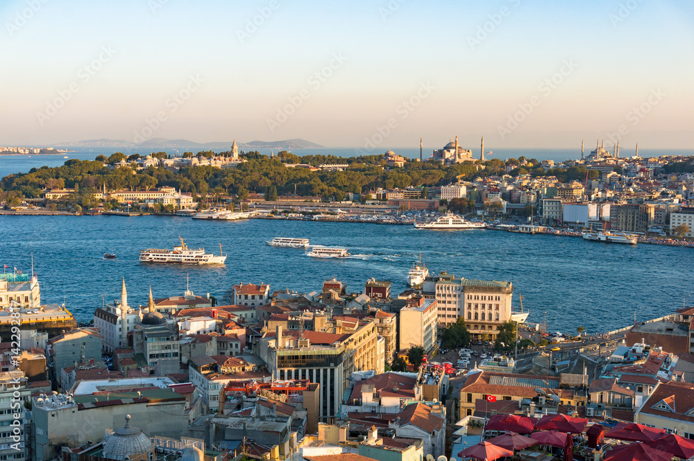 Aerial view of Fatih district with Blue Mosque and Golden Horn bay