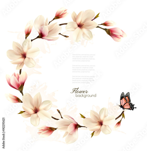 Fototapeta Naklejka Na Ścianę i Meble -  Nature background with blossom branch of white magnolia and butterfly. Vector