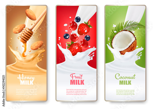 Set of three labels of of fruit in milk splashes. Strawberry, blueberry, cherry, coconut, almond, honey. Vector.