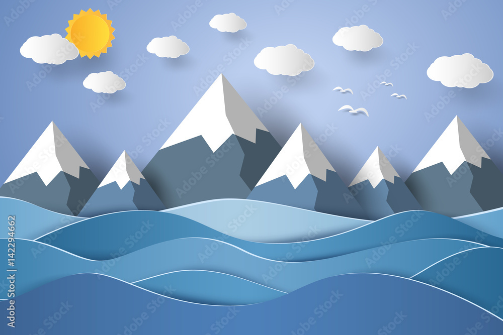 Seascape with mountain , paper art style