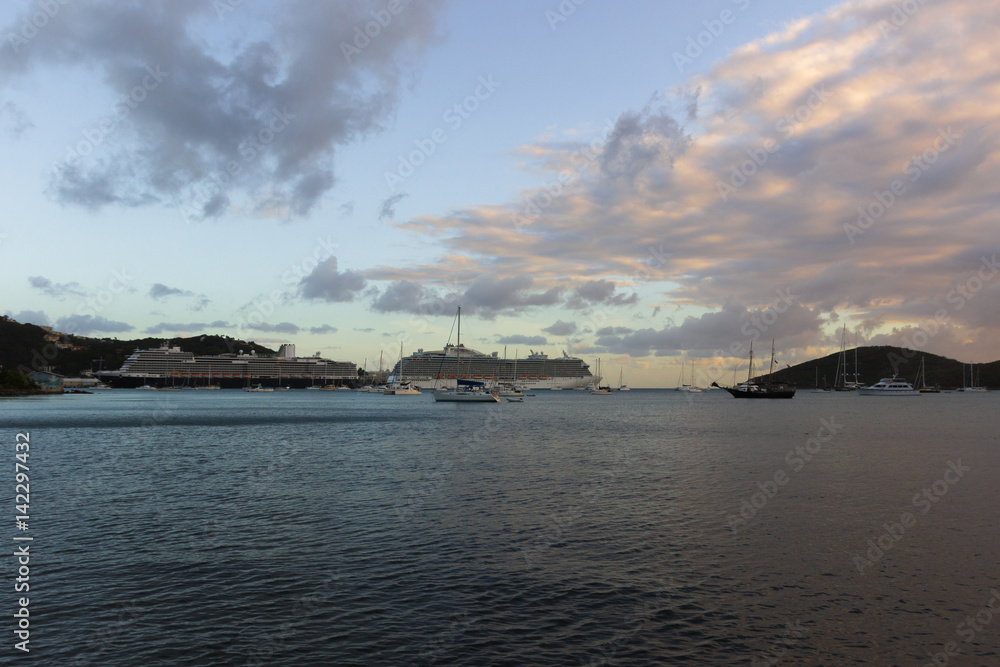 St. Thomas, USVI in evening time. Cruise ships on a background