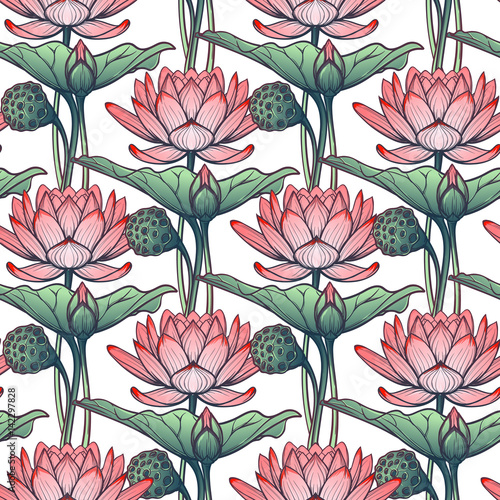 Lotus background. Floral pattern with water lilies isolated on white background. EPS10 vector illustration.