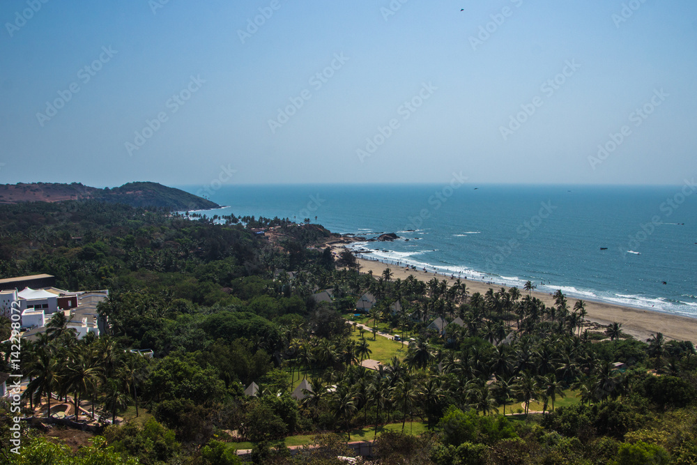 Vagator Beach, aerial view from Chapora fort in North Goa, India
