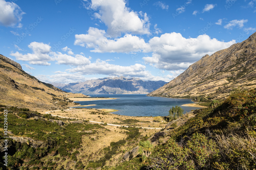 Stunning lake Hawea from viewpoint near the tourism town of Wanaka in Canterbury district of New Zealand south island.